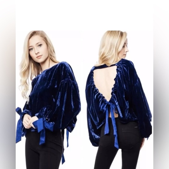 Free People Blue Velvet Blouse with Open Back and Tie Details - Picture 1 of 6